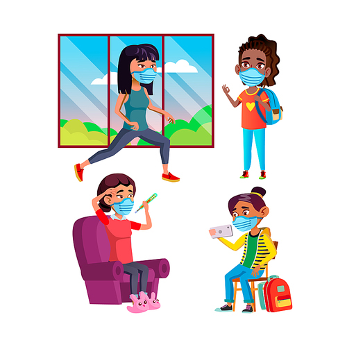 Teen girl wearing mask set. Face portrait. Teenager student. High school. College people. Campus child. Pandemic person. Safety kid. vector character flat cartoon