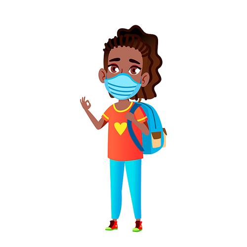 Teen girl student wearing mask. College people. Safety kid. vector character flat cartoon