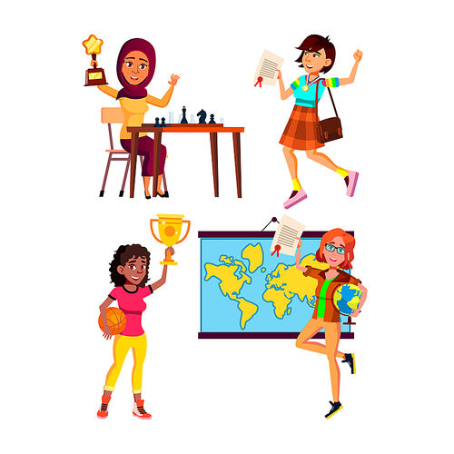 Teen girl with trophy award set. Happy woman. Young person win. Victory background. Female student excited. Wow child. Funny positive portrait vector character flat cartoon