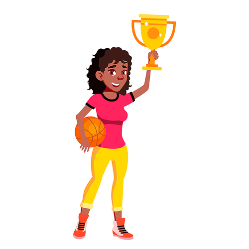 Win teen girl with trophy award. Female student excited. vector character flat cartoon