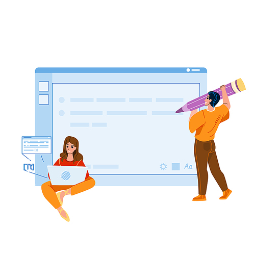 Blog Management Blogger Online Occupation Vector. Blog Management And Article Writing Man And Woman On Internet Web Site Page. Characters Blogging Social Media Flat Cartoon Illustration