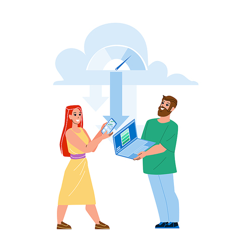 Man And Girl Downloading From Cloud Storage Vector. Users Download Media Files And Digital Documentation From Cloud On Laptop And Smartphone Electronic Device. Characters Flat Cartoon Illustration