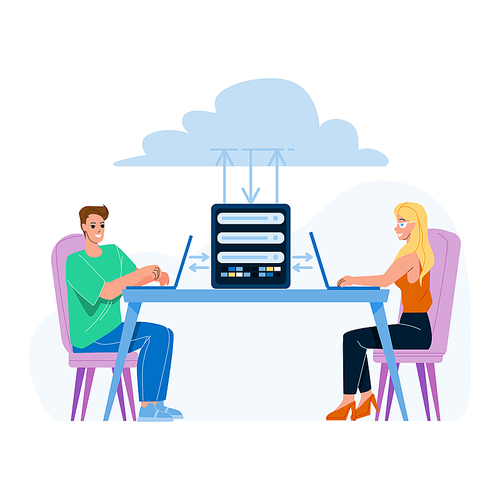 Cloud Hosting Storage Service Using People Vector. Cloud Hosting Data Server Use Man And Woman Users For Uploading And Downloading Computer Digital Files. Characters Flat Cartoon Illustration