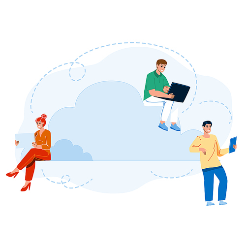 Cloud Sync Electronic Device With Storage Vector. Man And Woman Young People Cloud Sync Laptop And Smartphones With Server. Characters Gadget Internet Connection Flat Cartoon Illustration
