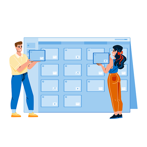 Content Schedule Planning Bloggers People Vector. Project Content Schedule Plan And Management On Digital Calendar Man And Woman. Characters Business Strategy Flat Cartoon Illustration