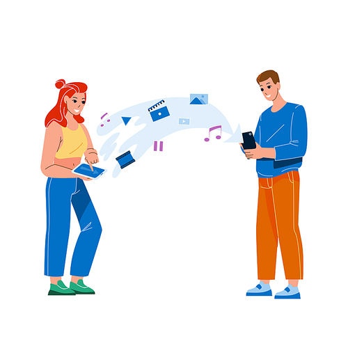 Content Sharing On Smartphone Man And Woman Vector. Young Boy And Girl Content Sharing On Mobile Phone, Social Media Files Sending And Share Together. Characters Flat Cartoon Illustration