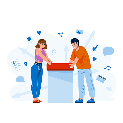 Cross Posting Social Media Marketing Smm Vector. Man And Woman Electronics Technology Users Cross Posting Internet Business Occupation. Characters Post Promotion Flat Cartoon Illustration