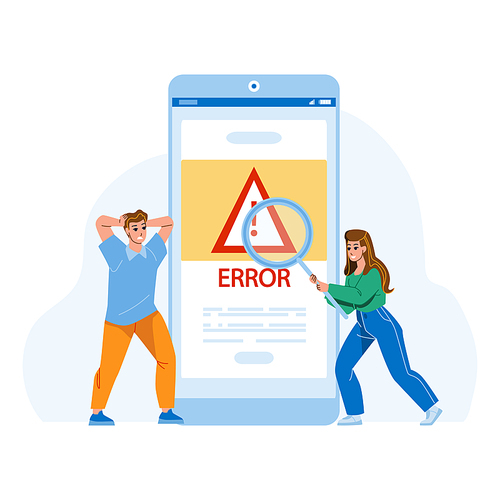 Error Warning Smartphone Operating System Vector. Shocked Man And Woman Researching Error Warning Alarm Message On Mobile Phone Display. Characters Research Gadget Problem Flat Cartoon Illustration