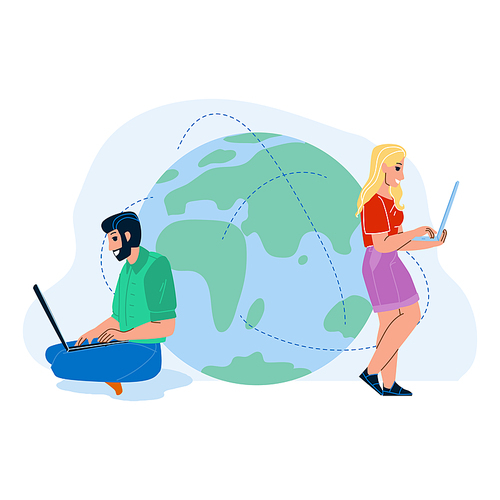 Global Network Connection Technology Vector. Man And Woman Connected Laptop Computer With Global Network. Characters Using World Internet For Communication Flat Cartoon Illustration