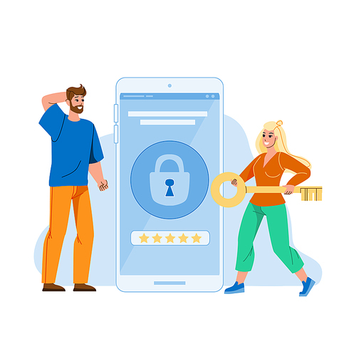 Password And Login Device Security System Vector. Man And Woman Users With Key Try Unlock Smartphone Security System. Characters Gadget Protective Technology Flat Cartoon Illustration