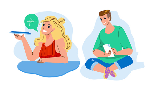 Man And Woman Sending Message On Phone Vector. Boy Typing Sms And Girl Send Voice Message To Friend On Smartphone. Characters Device Application For Communication Flat Cartoon Illustration