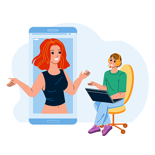 Mobile Call Conversation Man And Woman Vector. Man Sitting On Office Chair With Laptop And Headphones Talking Mobile Call With Young Girl. Characters Operator Support Flat Cartoon Illustration