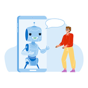 Mobile Chat Bot For Support Client Online Vector. Chat Bot For Communication And Give Information To Customer. Character Virtual Assistance On Smartphone Technology Flat Cartoon Illustration