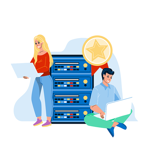 Premium Hosting Using Man And Woman Users Vector. Boy And Girl Use Laptop And Connected To Server Premium Hosting. Characters Connectivity Cyberspace Technology Flat Cartoon Illustration