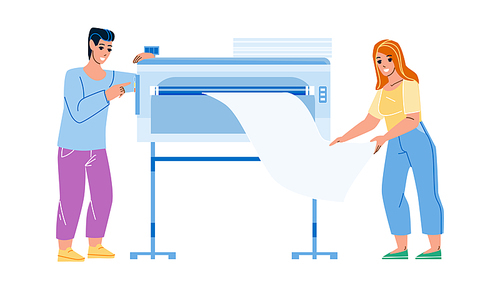 Print Machine Industry Equipment Use People Vector. Man And Woman Printing Paper List On Industrial Print Machine. Characters Workers Using Electronic Tool Flat Cartoon Illustration