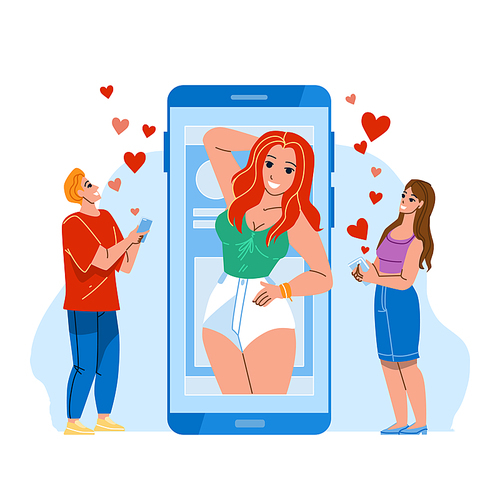 Social Media App For Share And Like Photo Vector. Social Media Application Using Man And Woman For Grading Girl Photography Online. Characters Looking At Photo On Smartphone Flat Cartoon Illustration