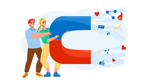 Social Media Marketing Online Business Vector. Man And Woman With Magnet Doing Social Media Marketing In Internet. Characters Managers Smm Professional Occupation Flat Cartoon Illustration