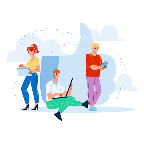 Social Network App Surfing People Users Vector. Man And Woman Social Network On Laptop, Tablet And Smartphone Digital Devices. Characters Online Internet Application Flat Cartoon Illustration