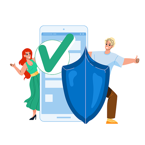 User Security Technology For Safe Info Vector. Happy Man And Woman Gesturing Ok And Approving User Security And Protective System. Characters Protection Digital Information Flat Cartoon Illustration