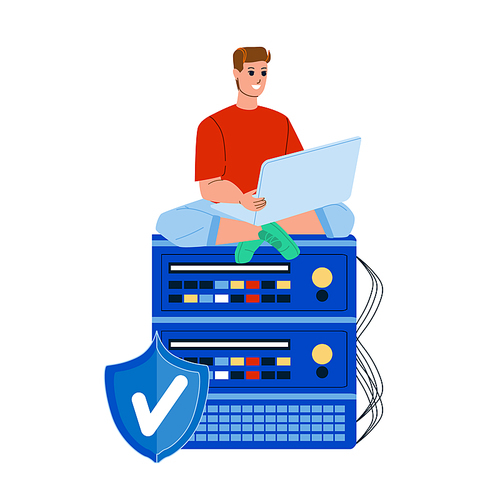 Vps Hosting Internet Service Using Man Vector. Vps Hosting Connected User Boy With Laptop. Character Guy Sitting On Data Center Server, Computer Technology Flat Cartoon Illustration