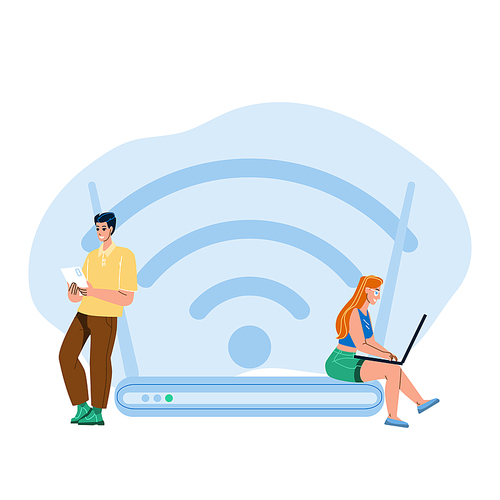 Man And Woman Wireless Connection To Wi-fi Vector. Boy And Girl Wireless Connection Smartphone And Laptop To Router. Characters Users Online Internet Connected Flat Cartoon Illustration