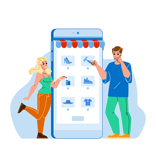 Couple Choosing Product In Smartphone App Vector. Man And Woman Using Digital Electronic Device Mobile Phone For Choosing Product. Characters Internet Store Application Flat Cartoon Illustration