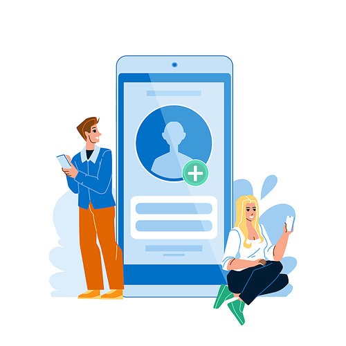 Boy And Girl Create Account In Social Media Vector. Young Man And Woman Using Smartphone And Create Account On Website For Communication And Chatting With Friends. Characters Flat Cartoon Illustration
