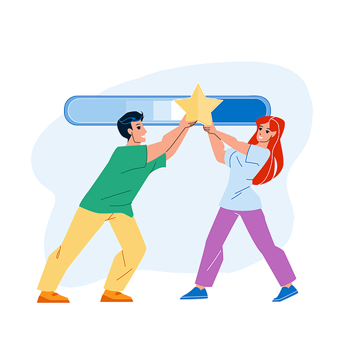 Customer Satisfaction And Review Rating Vector. Man And Woman Customer Satisfaction And Feedback Of Service Or Product. Characters Shoppers Experience And Opinion Flat Cartoon Illustration