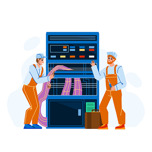 Server Management And Technician Support Vector. Server Management And Technical Maintenance Making Men Electric Workers. Characters Computer Repair Service Flat Cartoon Illustration