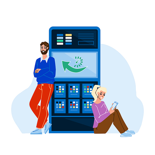 Server Uptime Checking Developers It Worker Vector. Young Man And Woman Check And Fix Machine Server Uptime. Characters Couple Fixing Computer Digital Technology Flat Cartoon Illustration