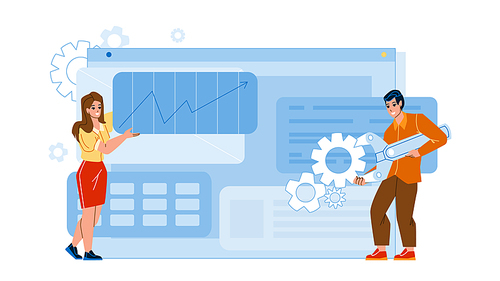 Web Optimization Developers Occupation Vector. Young Man And Woman Search Engine Optimization Business, Colleagues Seo Monitoring And Fixing Digital Problem. Characters Flat Cartoon Illustration