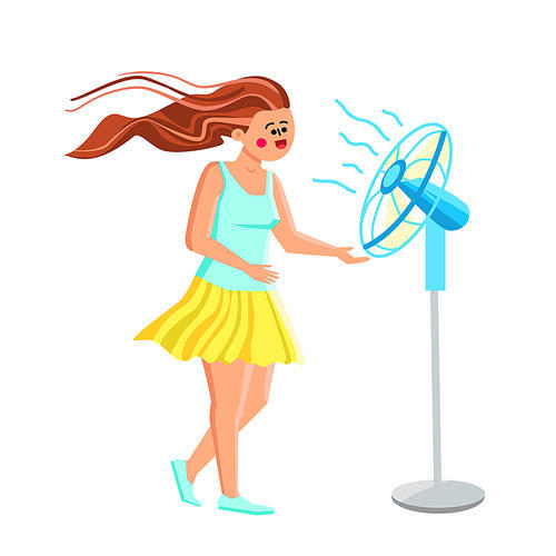 Fan Air Device Cool Enjoying Young Woman Vector. Fan Air Gadget Cooling Enjoy Girl With Floating Hair. Happy Smiling Character Relax Wind From Ventilator In Hot Weather Day Flat Cartoon Illustration