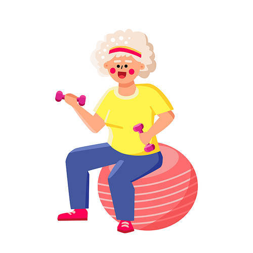 Senior Woman Hold Dumbbells Sit On Fit Ball Vector. Old Lady Holding Sportive Equipment Sitting On Fit Ball. Character Elderly Grandmother Training Sport Exercise Flat Cartoon Illustration