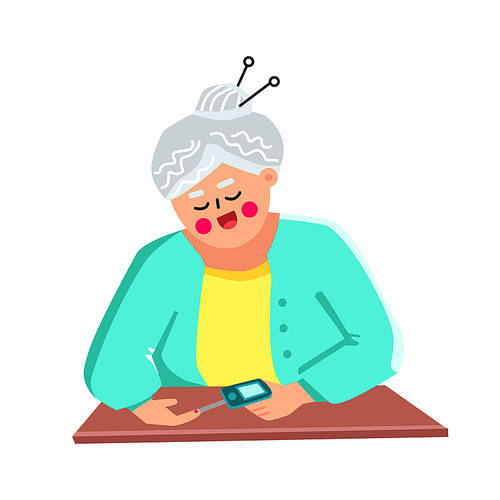 Glucometer Medical Tool Using Old Woman Vector. Elderly Lady Use Glucometer Medicine Device For Checking Sugar In Blood. Character Grandmother Health Examination Flat Cartoon Illustration