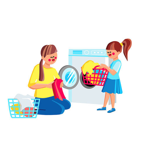 Daughter Girl Helping Mother Doing Laundry Vector. Child Help Mom Sorting And Loading Laundry To Washing Machine From Clothes Basket. Characters Housework Together Flat Cartoon Illustration