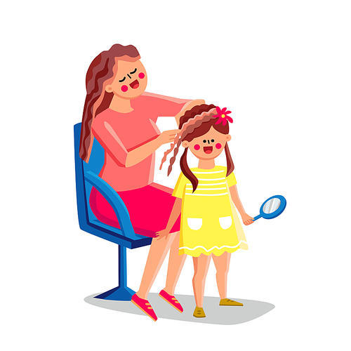 Mother Making Daughter Beautiful Hairstyle Vector. Woman Hairdresser Make Little Girl Attractive Hairstyle And Decorate Hair With Flower. Characters Beauty Treatment Flat Cartoon Illustration