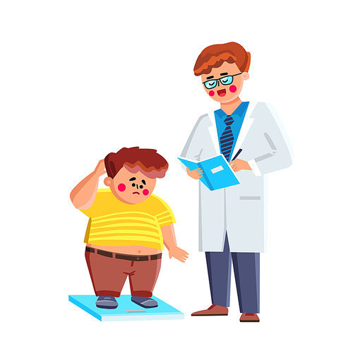 Obese Child Boy Consulting With Doctor Vector. Obese Child Staying On Weight Scale And Medical Worker Examining Little Patient Health. Characters Kid And Medicine Worker Man Flat Cartoon Illustration