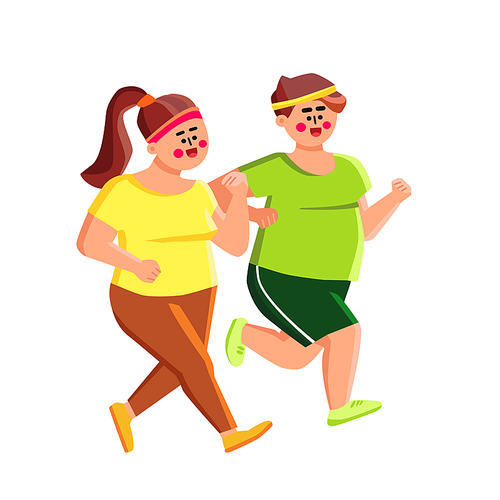 Overweight Man And Woman Jogging Together Vector. Overweight Boy And Girl Running On Street. Characters Training Sport Exercise, Outdoor Activity For Slimming Flat Cartoon Illustration
