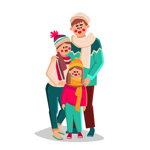 Family Walking In Winter Season Clothes Vector. Father, Mother And Daughter Walk Together On Winter Snowy Street. Characters Parents And Child Wearing Seasonal Clothing Flat Cartoon Illustration