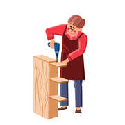 Handyman Assemble Furniture With Equipment Vector. Worker Man Assemble Furniture With Electronic Screwdriver Tool. Character Carpenter Assembling Bookshelf Flat Cartoon Illustration