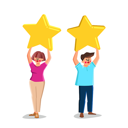 Boy And Girl Customer Reviews And Feedback Vector. Young Man And Woman Clients Holding Star And Rating Customer Reviews After Purchase Or Service. Characters Flat Cartoon Illustration