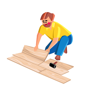 Floor Worker Lay Wooden Panel Of Laminate Vector. Floor Worker Man Laying Oak Wood Parquet, House Renovation Process. Character Handyman Professional Installation Flat Cartoon Illustration