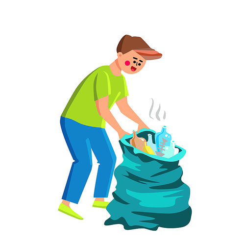 Gathering Trash Collecting Volunteer Man Vector. Young Boy Gathering Trash And Garbage Putting In Bag. Character Guy Volunteering And Cleaning Environment Nature Flat Cartoon Illustration