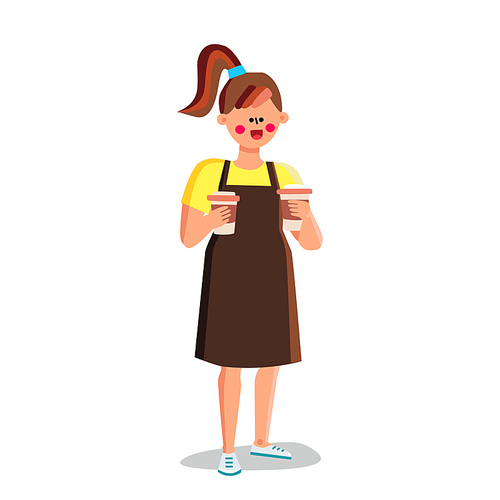 Girl Barista Holding Prepared Coffee Cups Vector. Girl Barista In Apron Carrying Brewed Energy Drink Espresso Or Cappuccino Hot Beverage. Character Cafeteria Worker Flat Cartoon Illustration