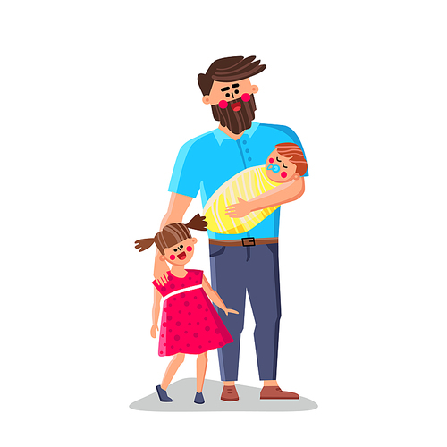 Happy Father With Daughter And Newborn Son Vector. Happy Father Standing Near Preteen Girl And Holding Little Boy. Characters Family With Positive Emotions Flat Cartoon Illustration