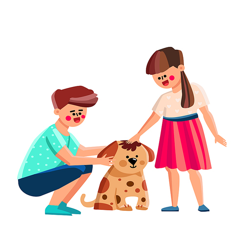 Boy And Girl Kids Petting Dog Together Vector. Brother And Sister Children Petting Dog Pet In Garden. Happy Preteen Characters Playing With Domestic Animal Flat Cartoon Illustration