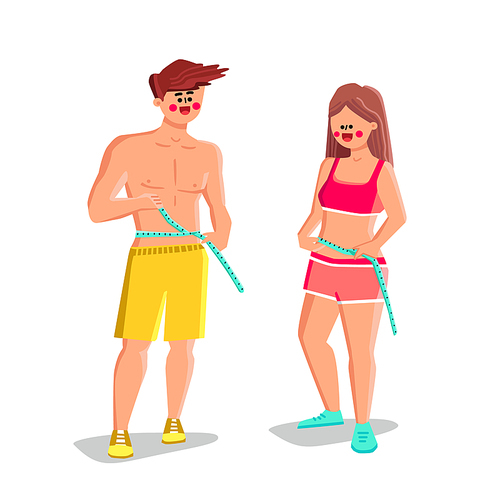 Slim People Couple Measuring Waistline Vector. Young Man And Woman Sportspeople Measure Perfect Slim Body With Centimeter. Characters Boy And Girl Sport Lifestyle Flat Cartoon Illustration