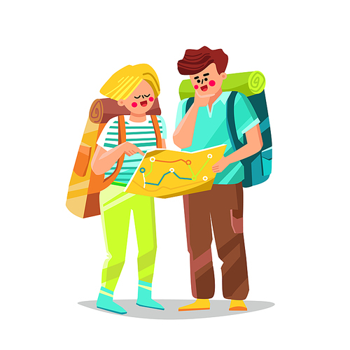 Confused Tourist Man And Woman Search Way Vector. Lost And Confused Tourist Boy And Girl Couple Searching Direction On Map. Characters Travelers Confusion Flat Cartoon Illustration