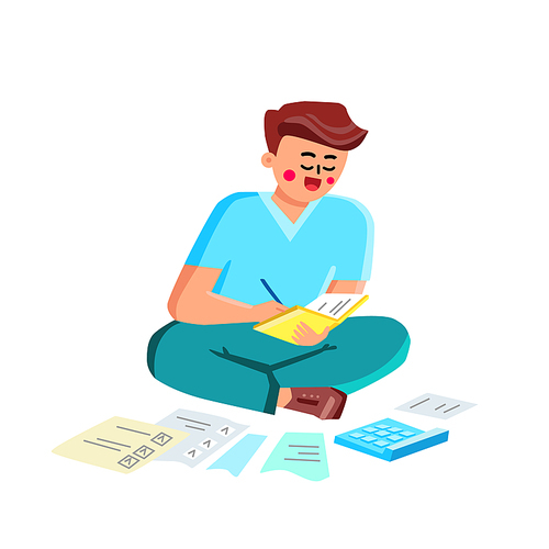 Debt Business Report Researching Young Man Vector. Boy Trying To Find Money To Pay Credit Card Debt. Character Businessman Financial Accounting Occupation Flat Cartoon Illustration
