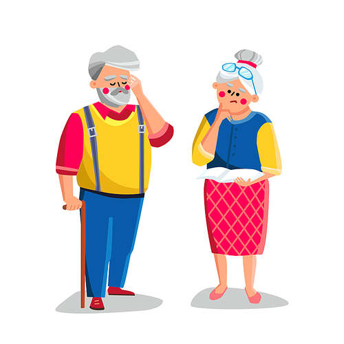 Dementia Disease Of Elderly Man And Woman Vector. Dementia Or Alzheimer Illness Of Old Grandfather And Grandmother. Characters Grandparents Aged People Ill Flat Cartoon Illustration
